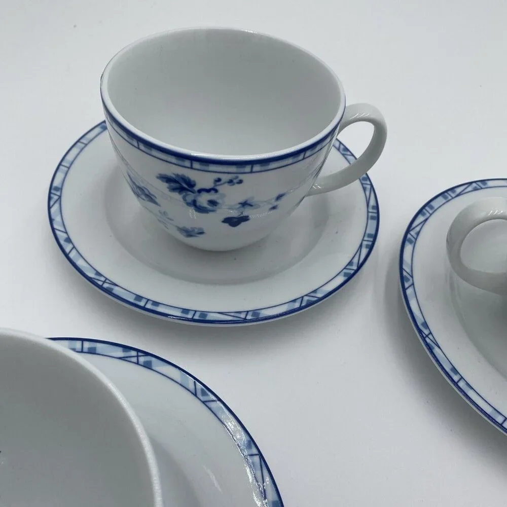 Laura Ahsley Cup Suacer Cereamic Set 4 Dishes Blue White Floral Cottage